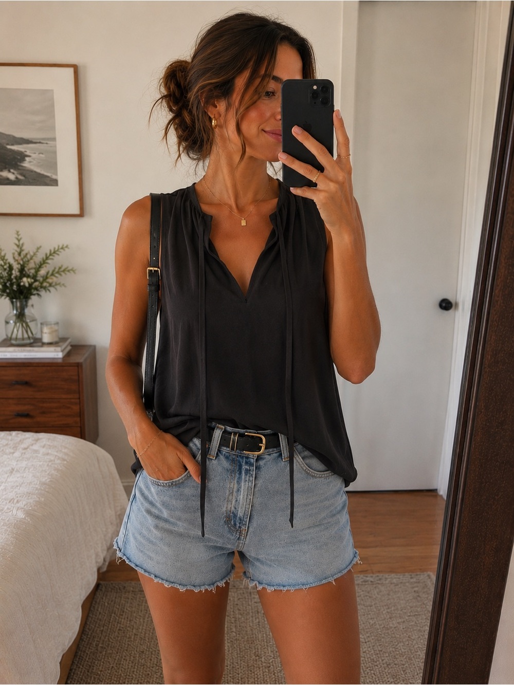 J. Crew Black Sleeveless V-Neck Tie-Front Camisole